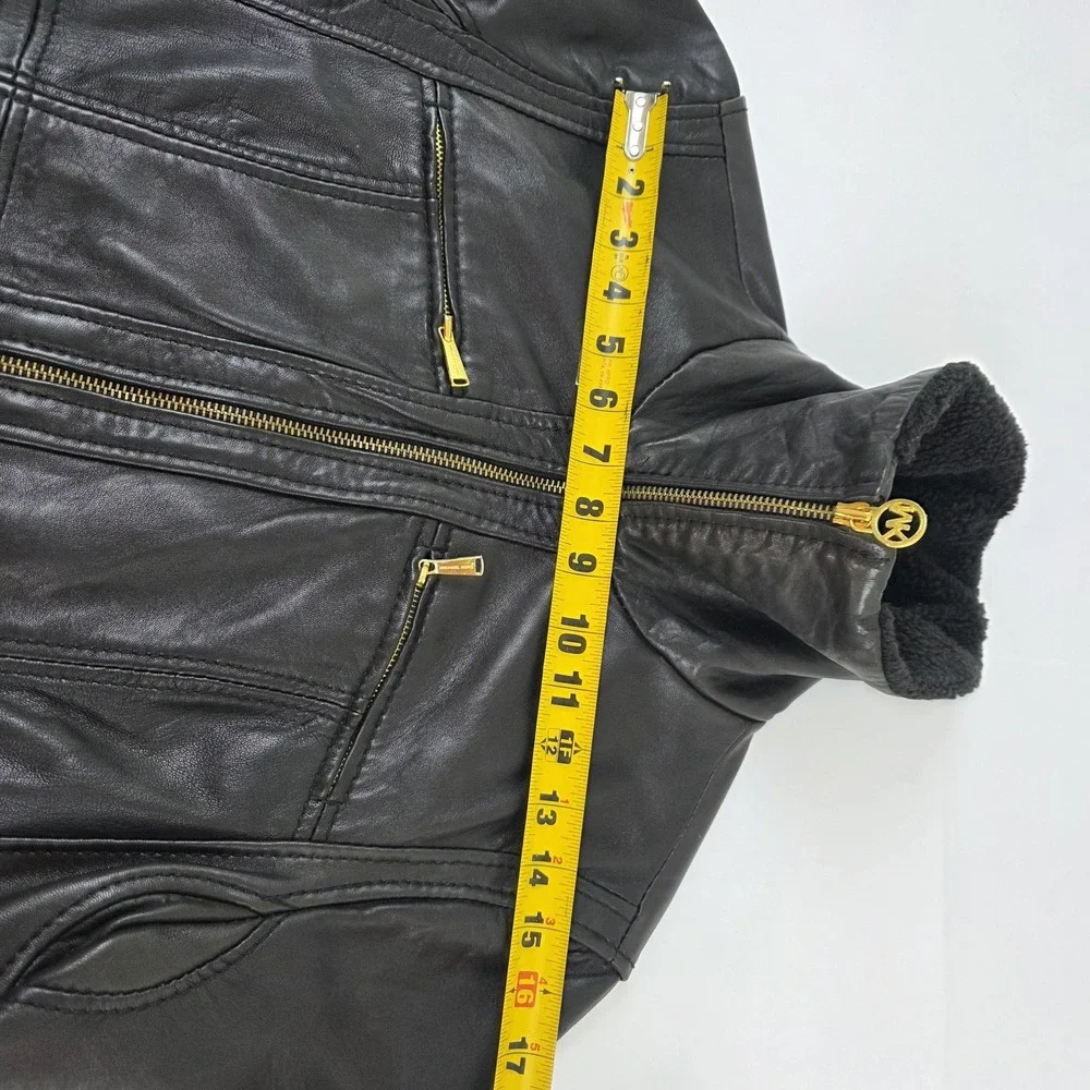 Michael Kors Jacket Womens XL Black Leather Moto Full Zip Sherpa Collar Lined